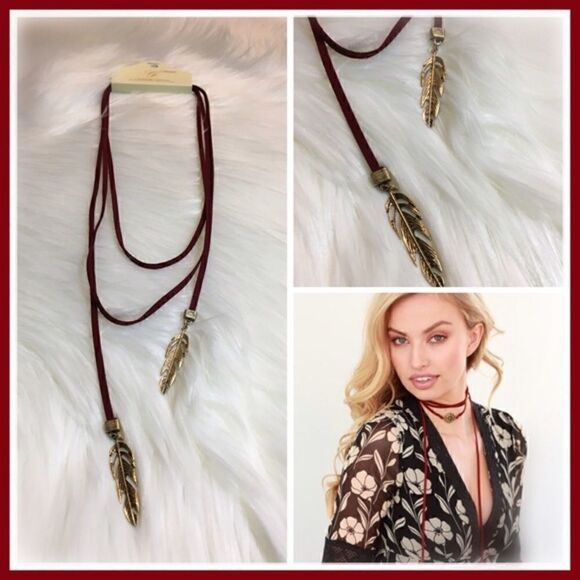 Final Price | Burgundy Long Suede Choker with Feather Ends - Picture 2 of 4
